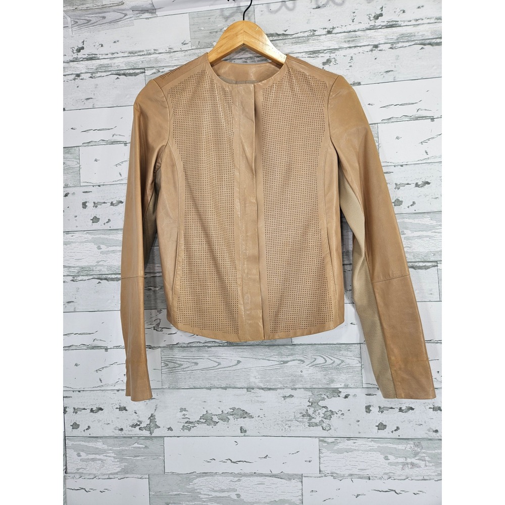 Vince Womens Tan Perforated Leather Jacket XS Beige Collarless Moto Coat